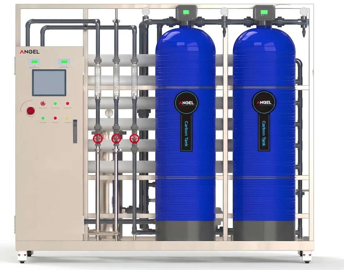 Front of an ANGEL RO skid with two blue GAC tanks and the control panel