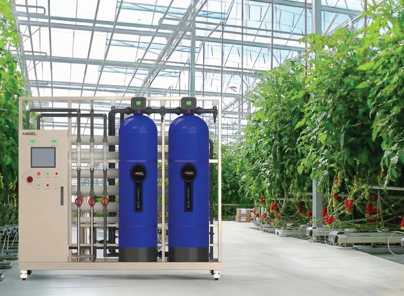 ANGEL commercial RO system with blue GAC tanks installed in a tomato greenhouse
