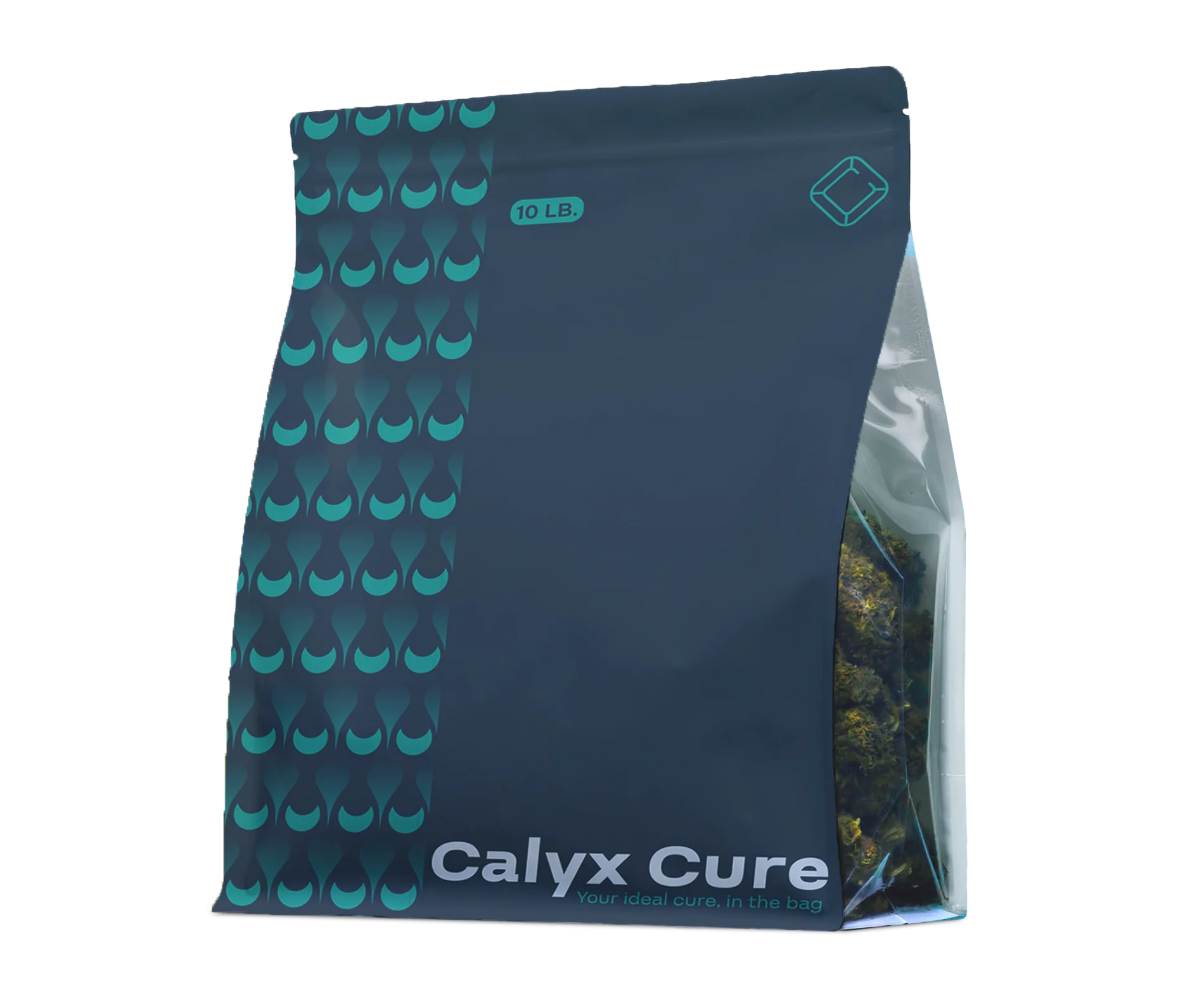 Calyx Cure 10 lb pouch with product visible through the side gusset