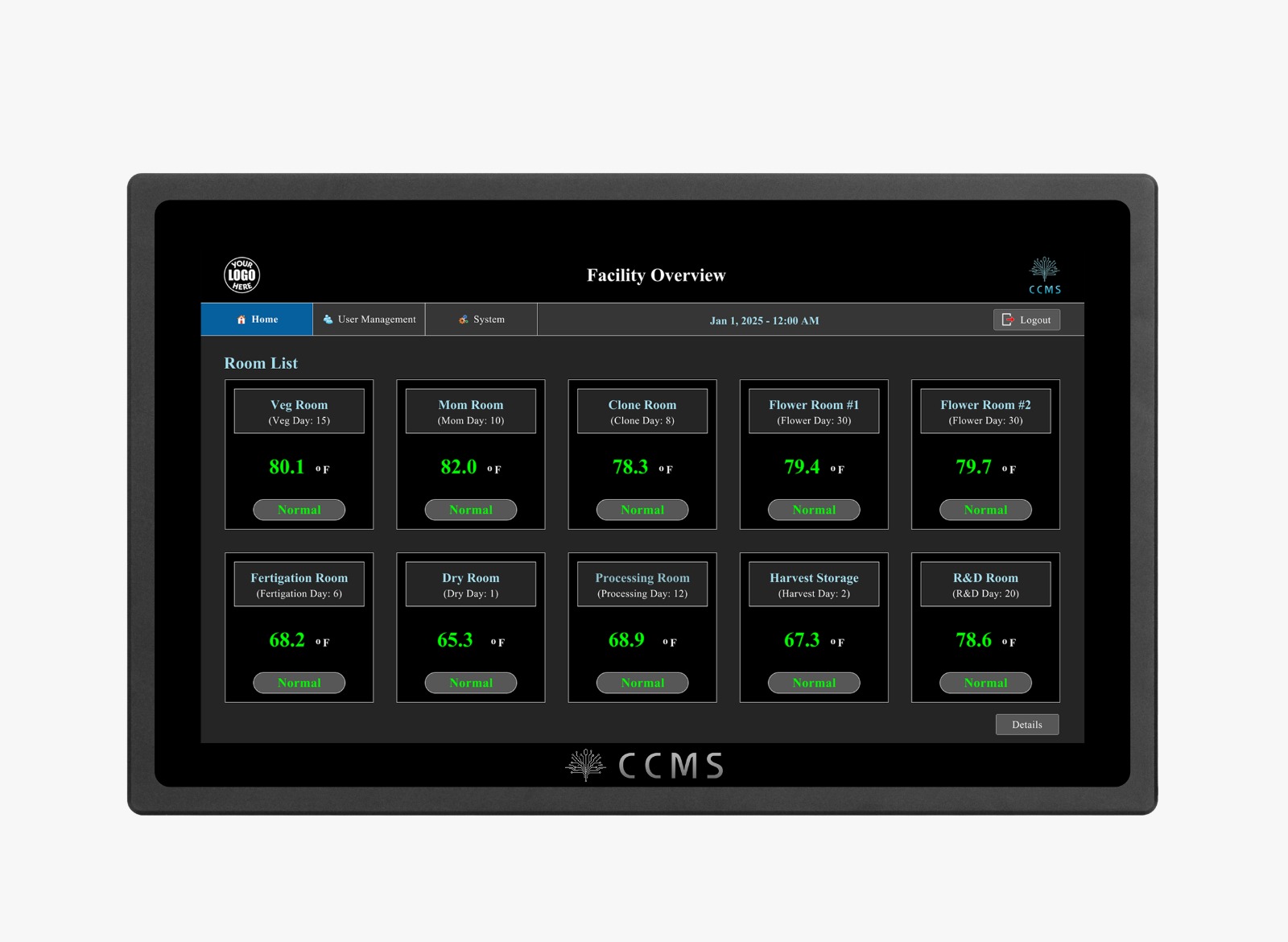 CCMS 13-inch touch screen controller showing Facility Overview dashboard