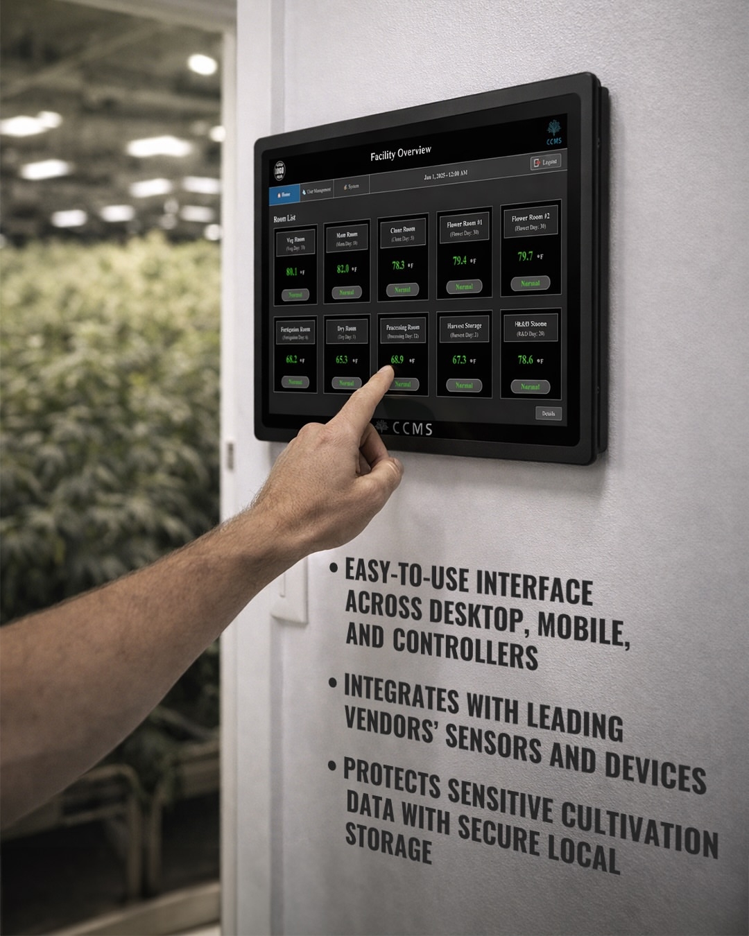 CCMS controller wall-mounted in commercial grow facility