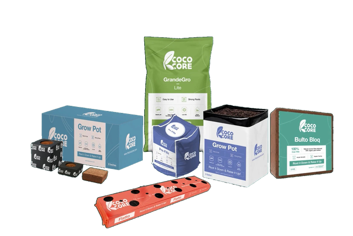 CocoCore full product lineup - GrandeGro, Grow Pots, Pre-Fills, Bulto Bloq, Flatto