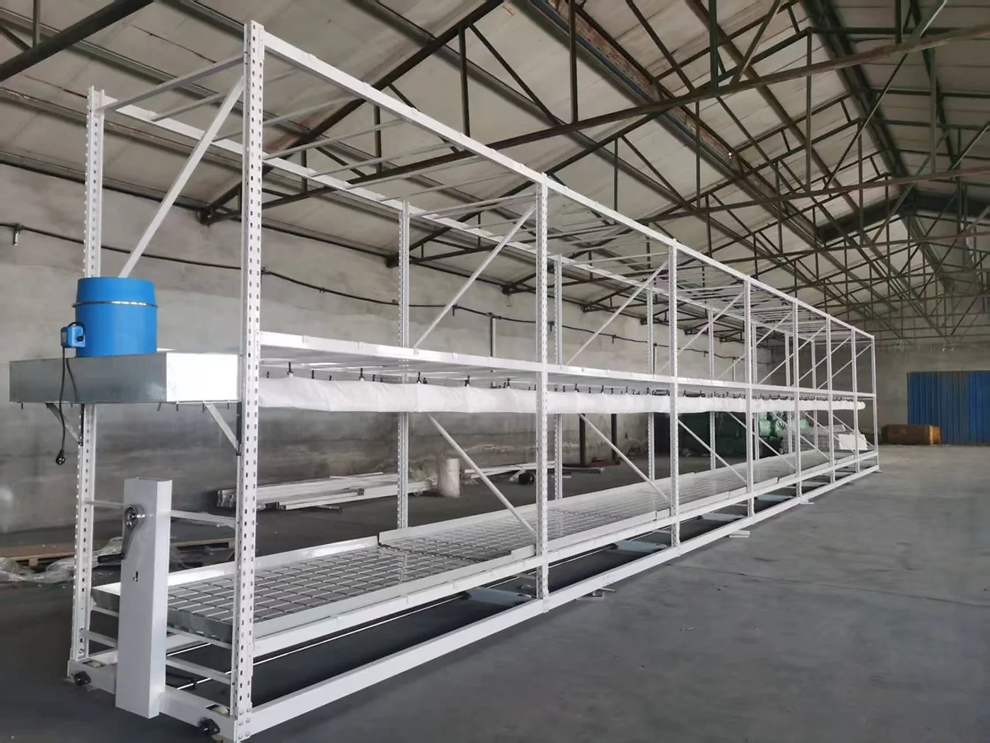 Custom benching with integrated ventilation duct, fan, and catwalk