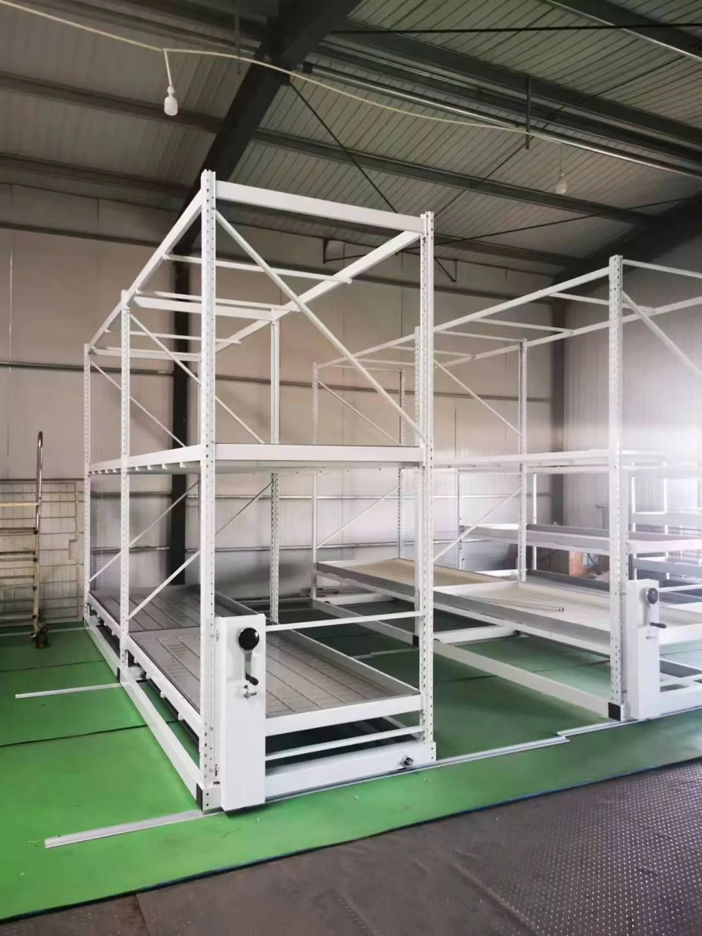White double-tier rolling vertical grow rack on tracks