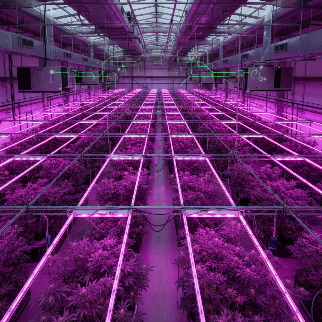 Aerial view of a large indoor cannabis cultivation facility with high-density LED lighting and HVAC infrastructure