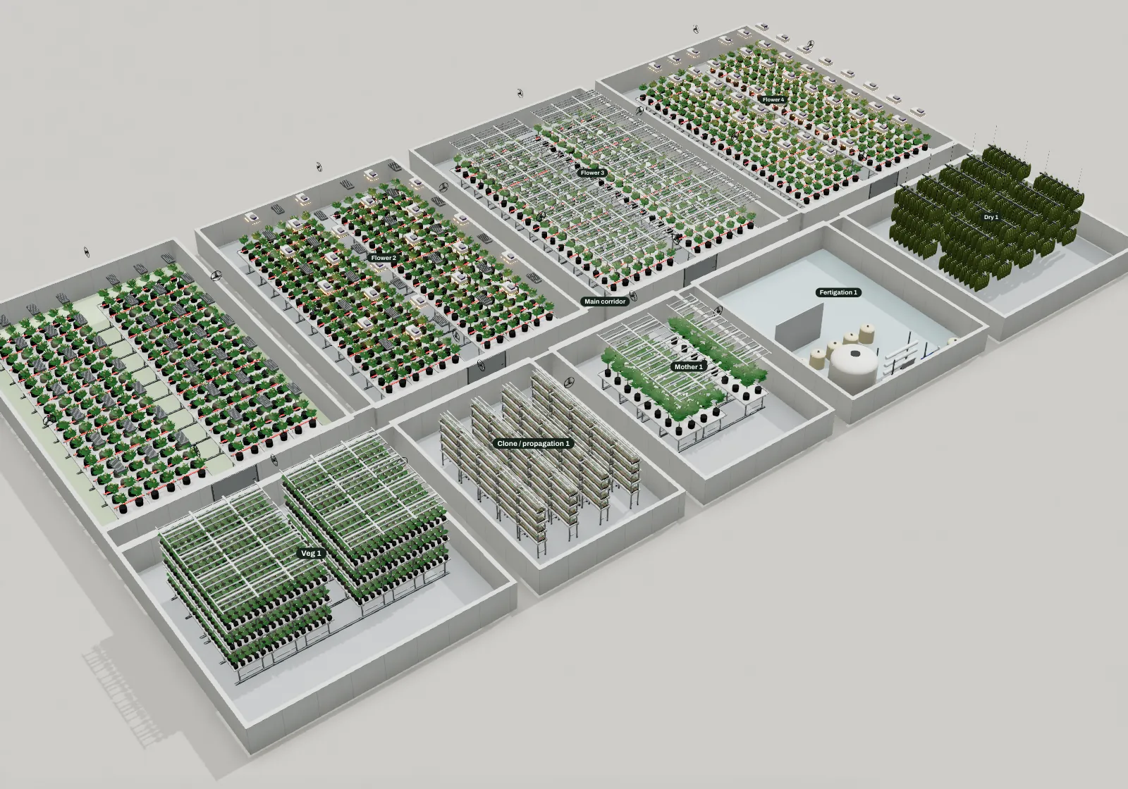 3D model of a whole facility with four flower rooms, vertical veg and clone racks, and a dry room with hanging racks