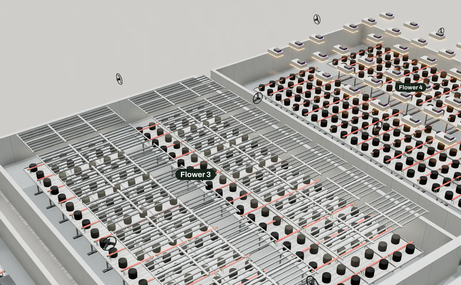 Flower rooms in 3D with plants hidden, showing benches on floor tracks, red under-canopy bars, LED bars and HPS reflectors