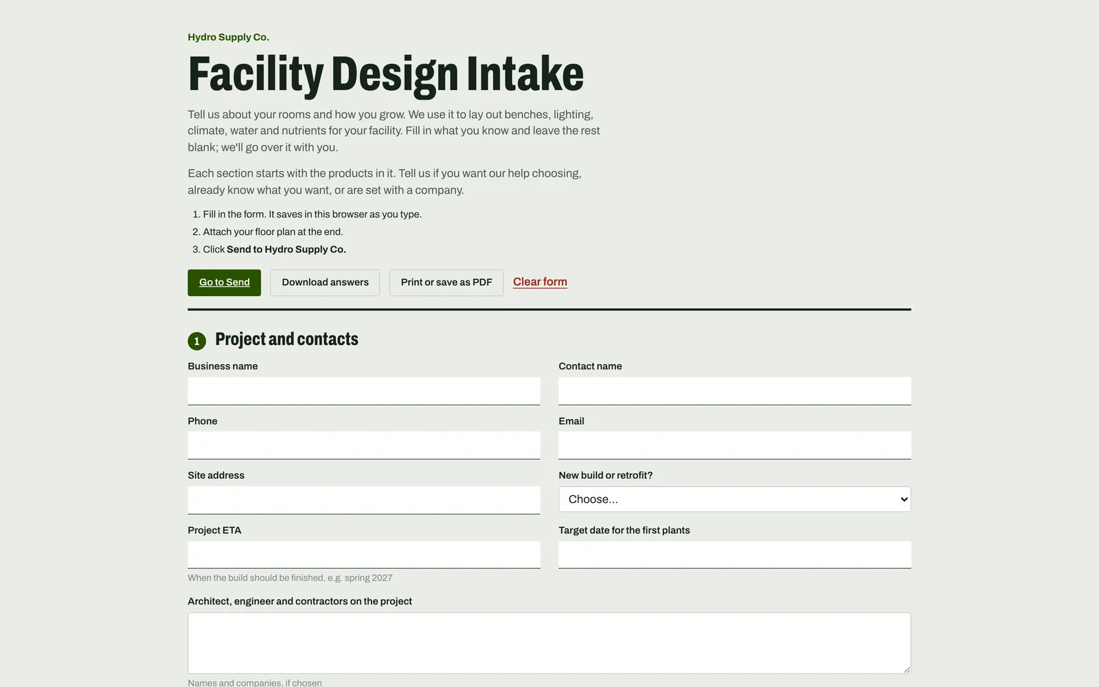 Facility design intake form