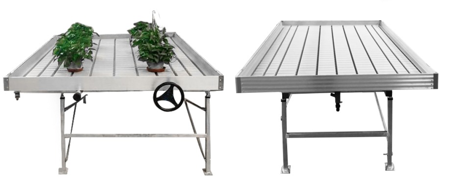 Flexstar rolling bench — aluminum table with crank wheel and drain tray