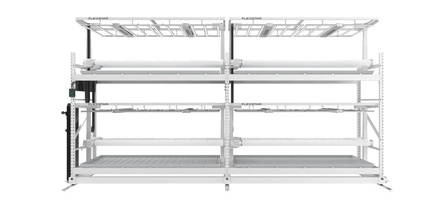 Smart Grow Rack — side elevation, top tier lit