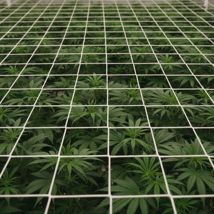 Trellis netting stretched over a cannabis canopy, tops growing up through the square mesh