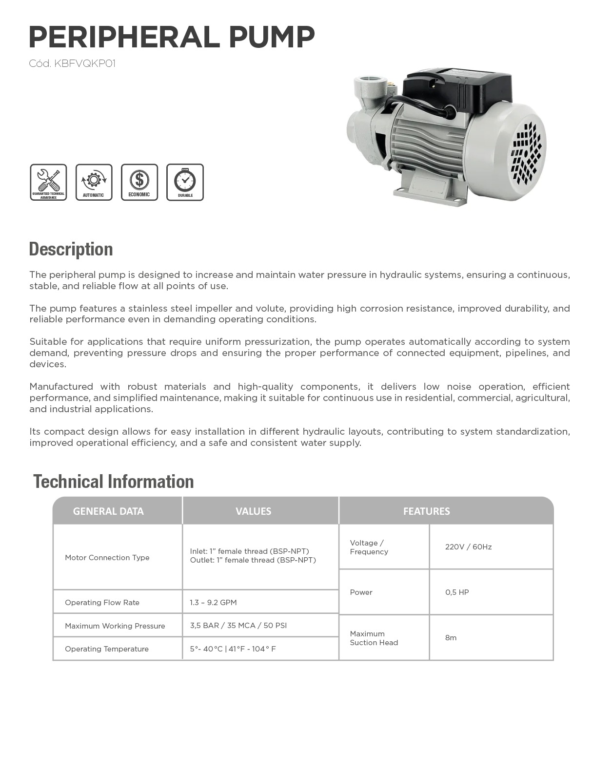 Kobratec Peripheral Pump KBFVQKP01 Datasheet