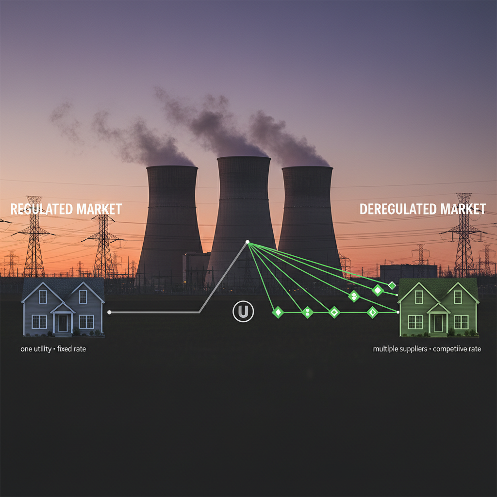 Regulated vs. Deregulated Energy Market — one utility per home on the regulated side, multiple suppliers competing on the deregulated side